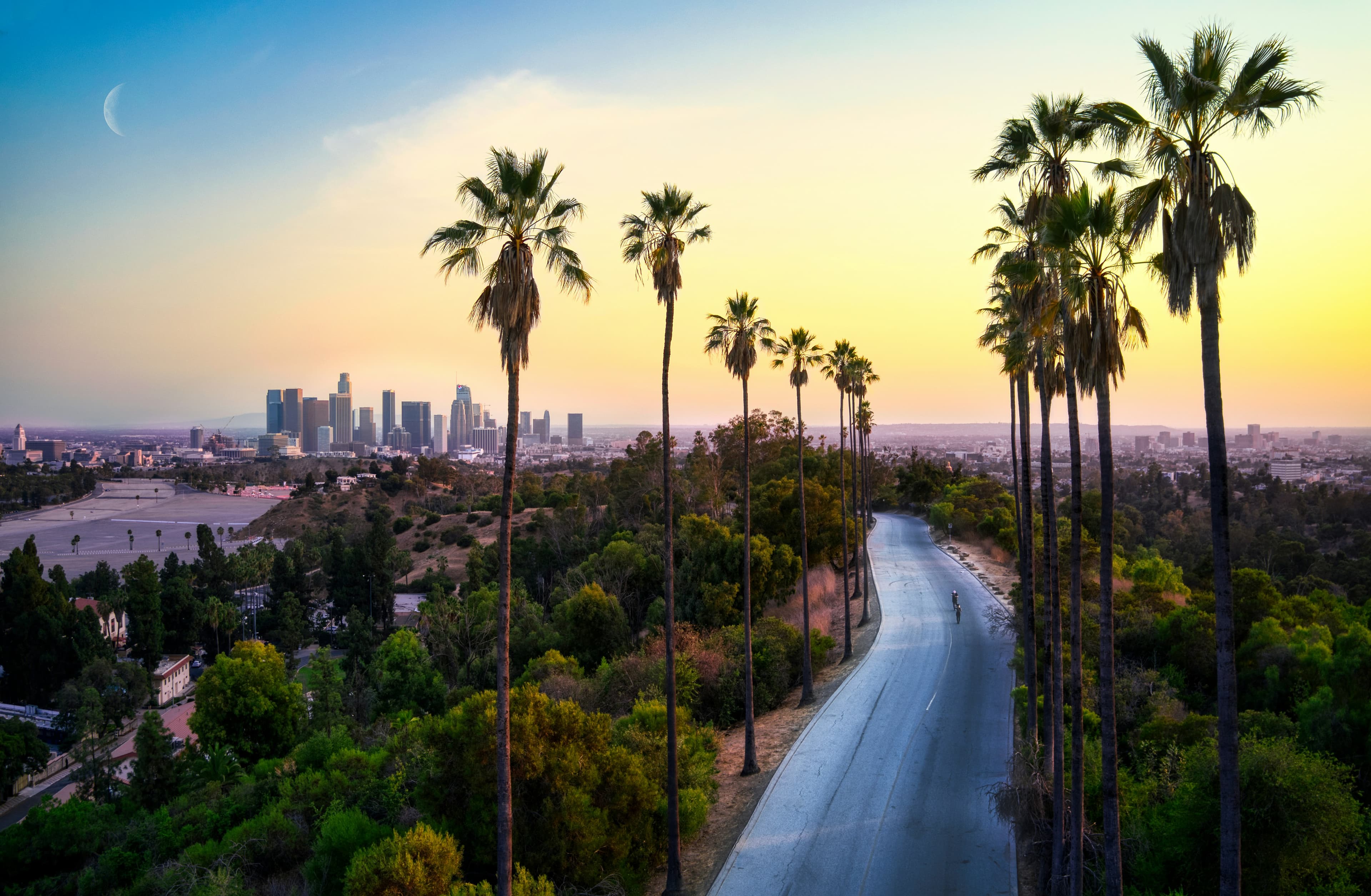 Aerial view of the Los Angeles skyline at dusk